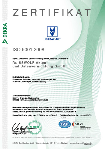 Zertifikat ISO 9001-2008 Chemnitz